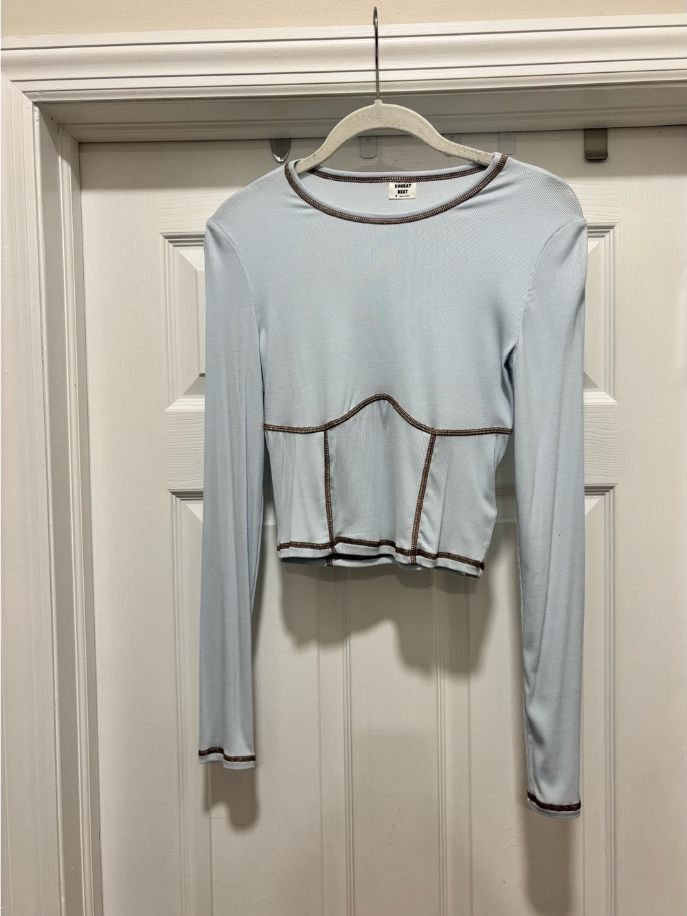 NWT Aritzia, Sunday Best, Light Blue Long-Sleeve Seam-Trim Crop Top